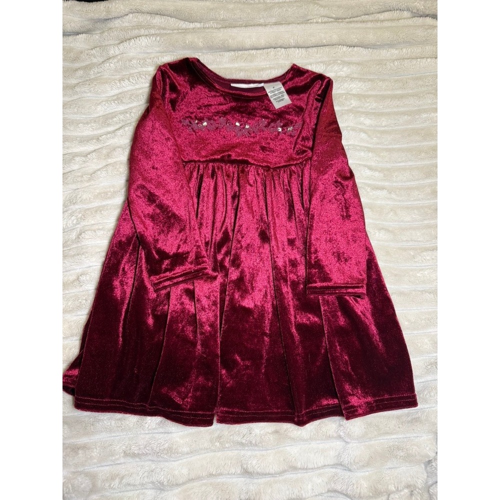 Wonder Kids Velvet Dress Burgundy Red Long Sleeve Floral Toddler Girls 3T